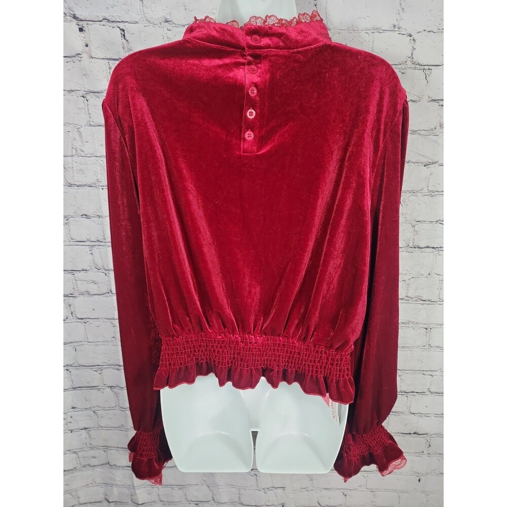 ROMWE Velvet Top 1XL Red Victorian Gothic Witch Ruffled High Neck Crochet NEW - Picture 5 of 9